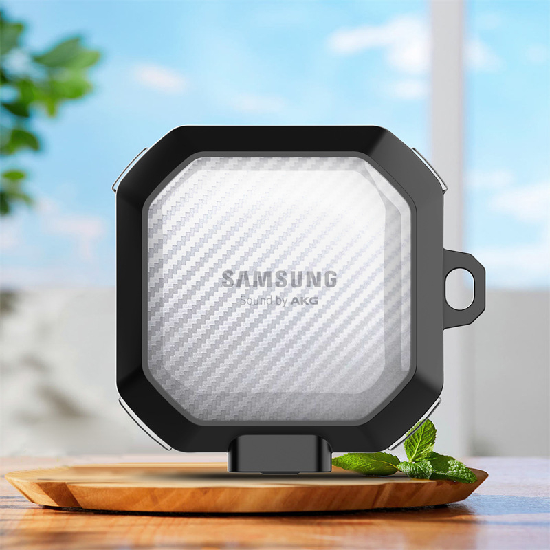 Samsung Buds Core, Buds Live, Buds Pro, Buds 2 Pro és Buds 2-hoz védőtok — átlátszó szénszálas mintázat, PC/TPU anyag, domborított textúra, injektálással öntés, permetezés