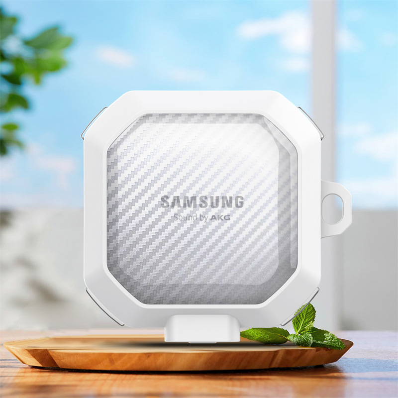 Samsung Buds Core, Buds Live, Buds Pro, Buds 2 Pro és Buds 2-hoz védőtok — átlátszó szénszálas mintázat, PC/TPU anyag, domborított textúra, injektálással öntés, permetezés