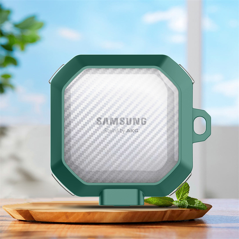 Samsung Buds Core, Buds Live, Buds Pro, Buds 2 Pro és Buds 2-hoz védőtok — átlátszó szénszálas mintázat, PC/TPU anyag, domborított textúra, injektálással öntés, permetezés