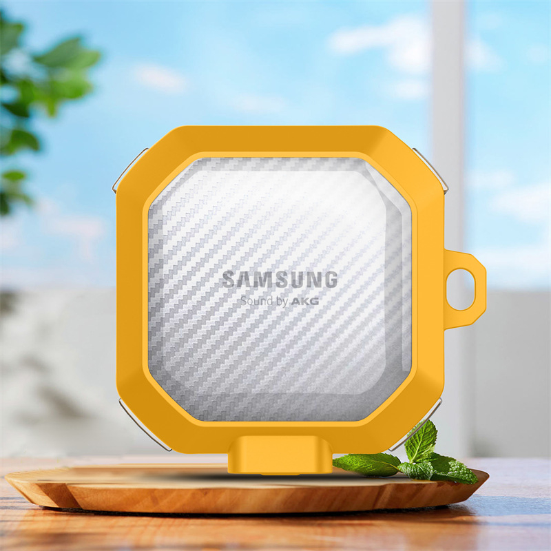 Samsung Buds Core, Buds Live, Buds Pro, Buds 2 Pro és Buds 2-hoz védőtok — átlátszó szénszálas mintázat, PC/TPU anyag, domborított textúra, injektálással öntés, permetezés