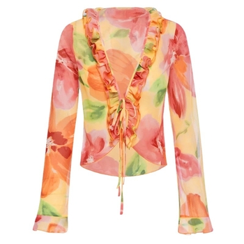 Chiffon Kardigán Felső Nyomtatott Mintával, Hosszú Ujjú, V-nyakú, Poliészter-Spandex Keverék, Hossz 50-65 cm