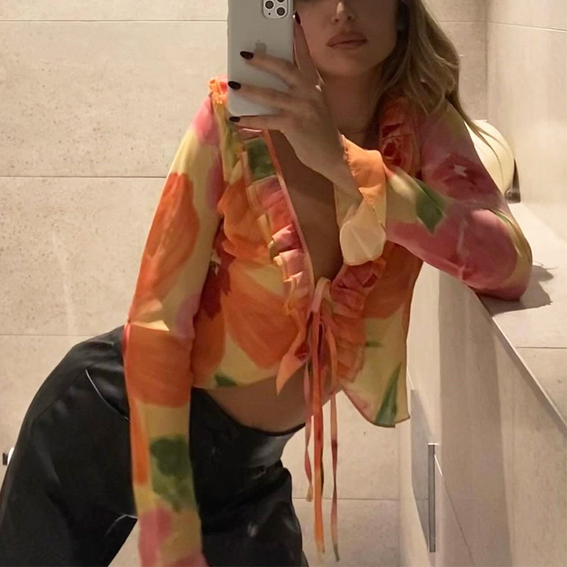 Chiffon Kardigán Felső Nyomtatott Mintával, Hosszú Ujjú, V-nyakú, Poliészter-Spandex Keverék, Hossz 50-65 cm