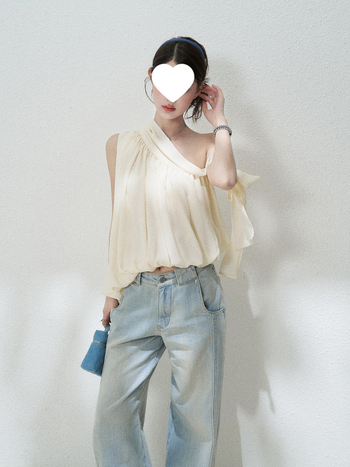 Chiffon majica s asimetričnim ramenom i trakom, opuštenog kroja, žena, francuski stil, šik ovratnik, proljeće 2025