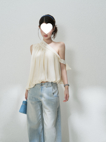 Chiffon majica s asimetričnim ramenom i trakom, opuštenog kroja, žena, francuski stil, šik ovratnik, proljeće 2025