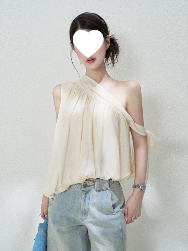 Chiffon majica s asimetričnim ramenom i trakom, opuštenog kroja, žena, francuski stil, šik ovratnik, proljeće 2025