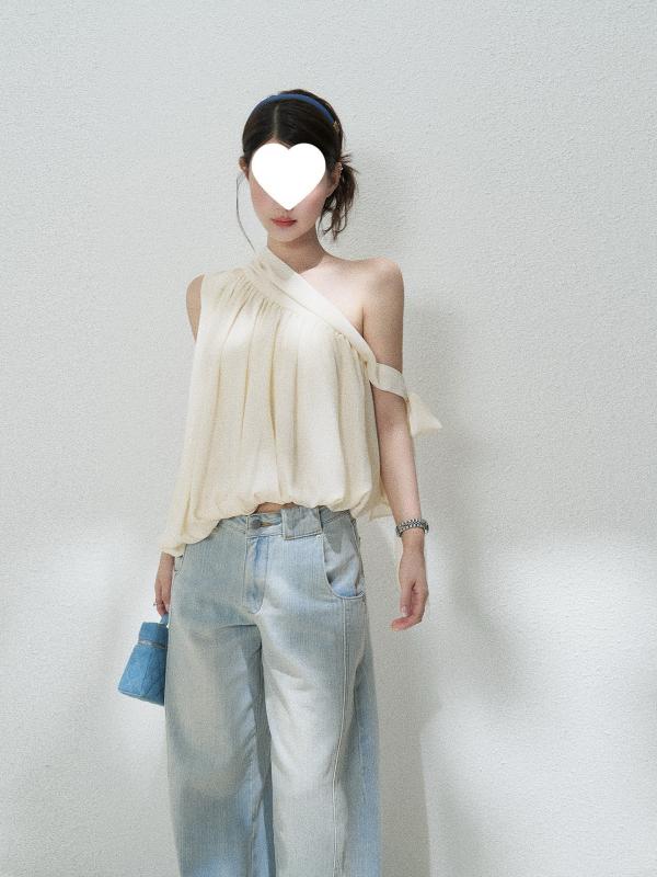 Chiffon majica s asimetričnim ramenom i trakom, opuštenog kroja, žena, francuski stil, šik ovratnik, proljeće 2025