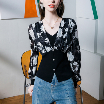 Top s V-izrezom, balon rukavima, dugi rukavi, uski kroj, pulover stil (Spandex ispod 30%)