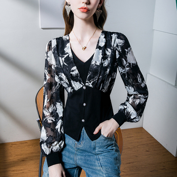 Top s V-izrezom, balon rukavima, dugi rukavi, uski kroj, pulover stil (Spandex ispod 30%)