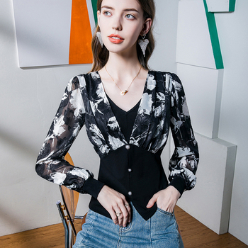Top s V-izrezom, balon rukavima, dugi rukavi, uski kroj, pulover stil (Spandex ispod 30%)