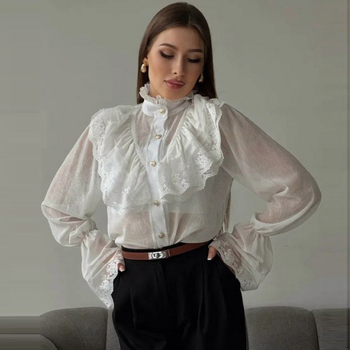 Šifon bluza s golom lotosovog lista, dugi zvonasti rukavi, srednja duljina, uski kroj