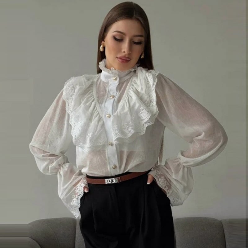 Šifon bluza s golom lotosovog lista, dugi zvonasti rukavi, srednja duljina, uski kroj