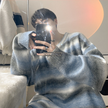 Pulover tricotat bărbați cu dungi gradient și glugă, amestec de lână, croială lejeră, stil coreean, iarnă