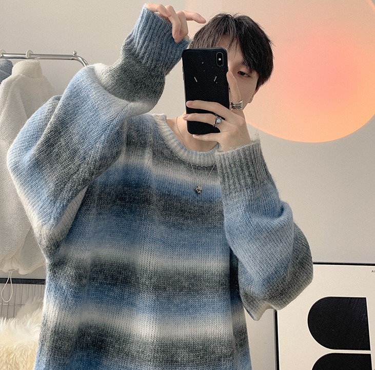 Pulover tricotat bărbați cu dungi gradient și glugă, amestec de lână, croială lejeră, stil coreean, iarnă