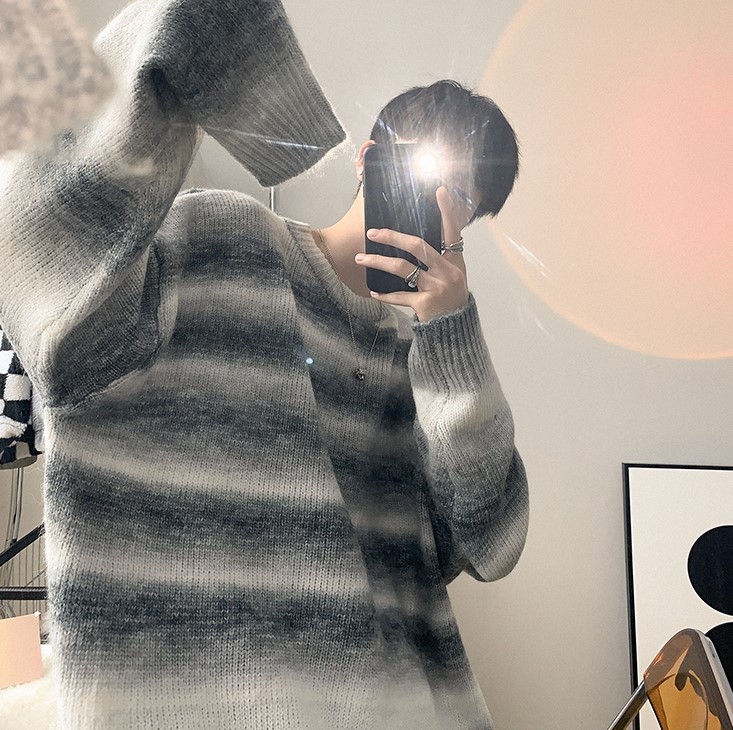 Pulover tricotat bărbați cu dungi gradient și glugă, amestec de lână, croială lejeră, stil coreean, iarnă