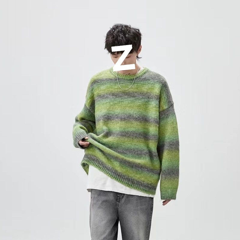 Pulover tricotat bărbați cu dungi gradient și glugă, amestec de lână, croială lejeră, stil coreean, iarnă