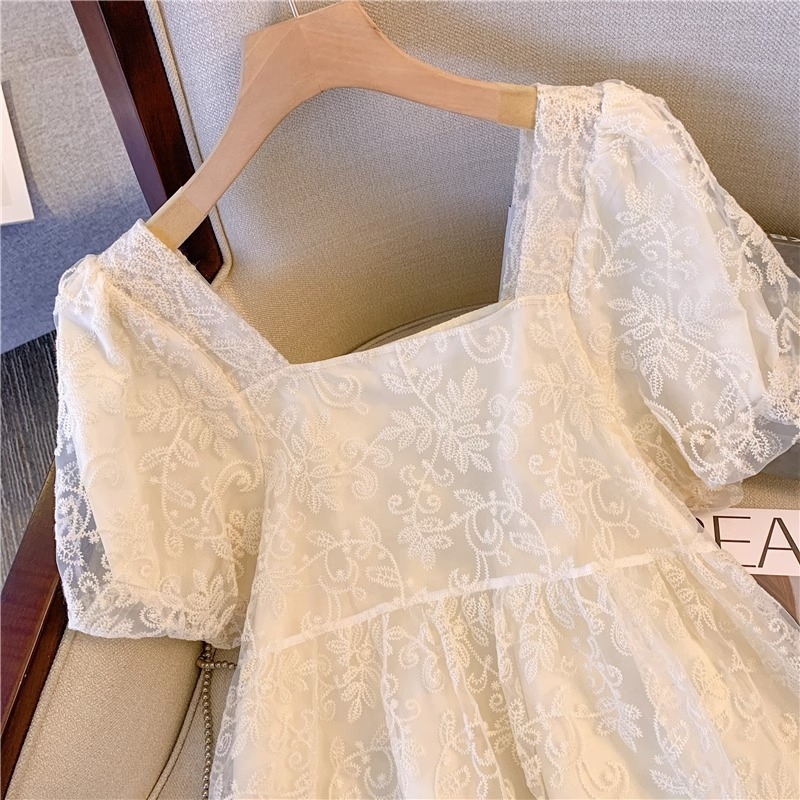 Bluza za žene: šifon, čipkasta izvezena ukras, nabojeni rukavi, kvadratni izrez, udoban široki kroj za ljeto