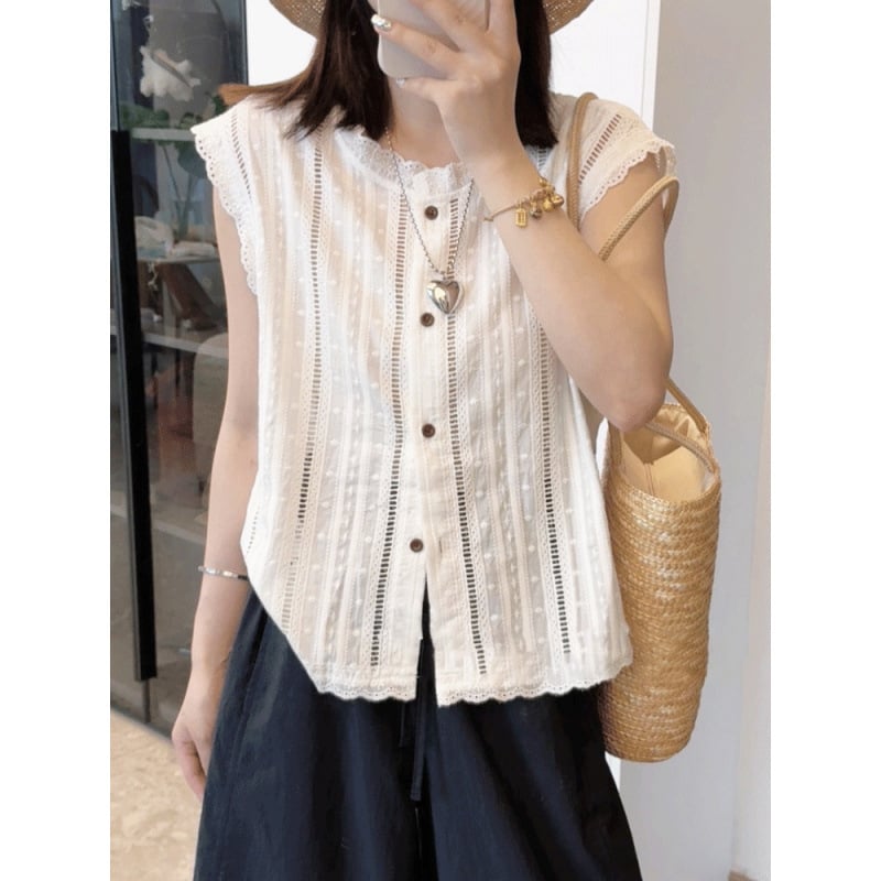 Chiffon majica s čipkom, bez rukava, okrugli izrez, Feifei rukavi, gradski stil