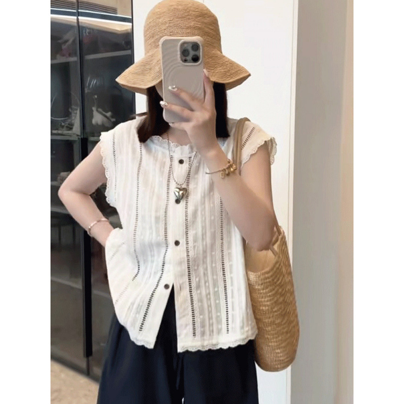 Chiffon majica s čipkom, bez rukava, okrugli izrez, Feifei rukavi, gradski stil