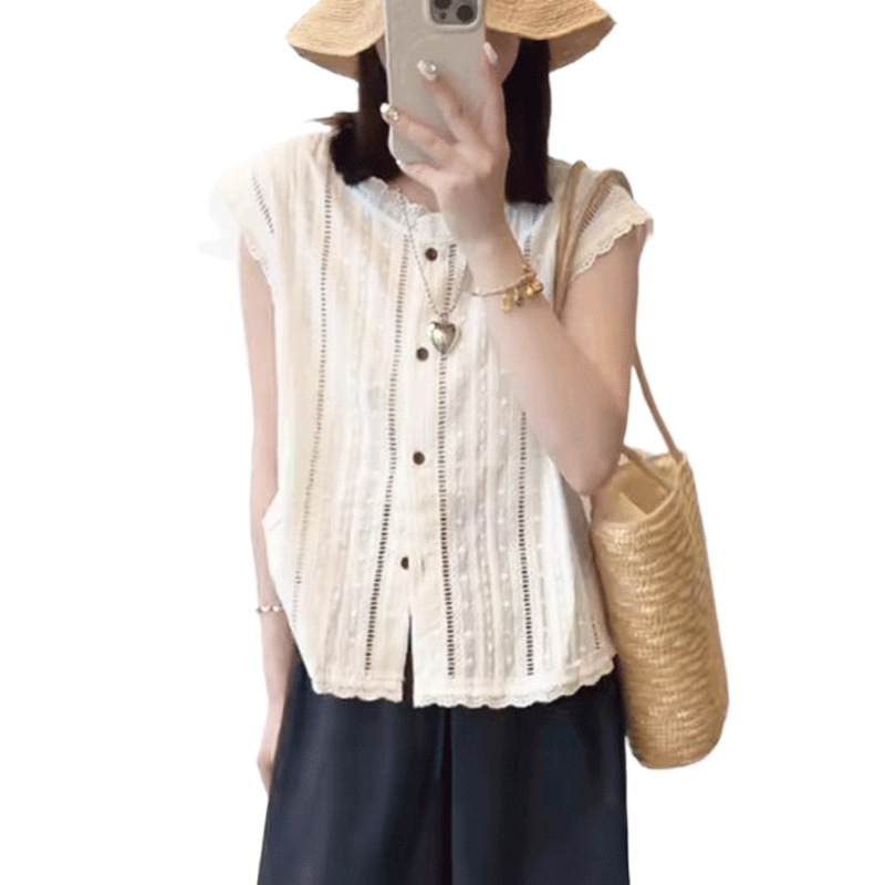 Chiffon majica s čipkom, bez rukava, okrugli izrez, Feifei rukavi, gradski stil