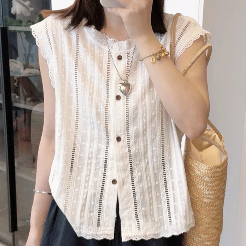 Chiffon majica s čipkom, bez rukava, okrugli izrez, Feifei rukavi, gradski stil
