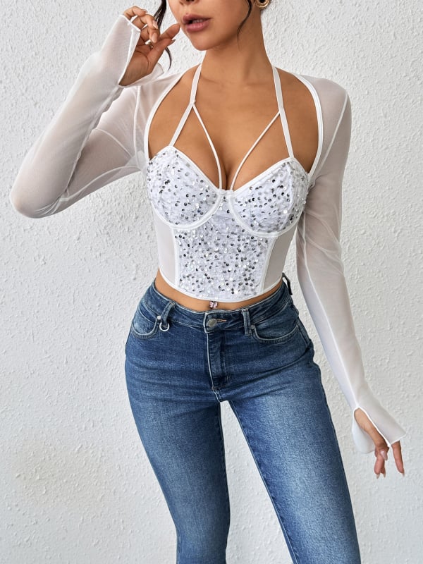 Čipkasti top s šljokicama, Poliester, Stil: Čipka i Sexy, Uski kroj, Ultra kratka duljina (≤40 cm)