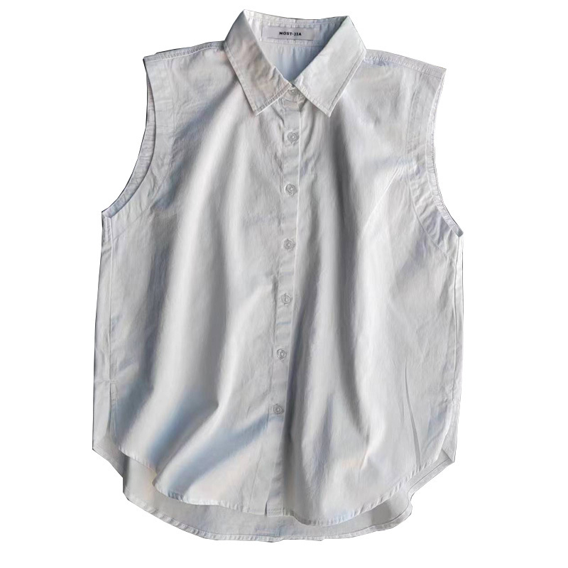 Bez rukava pamukasti top za košulju - 95% pamuk, jednobojan, ovratnik košulje, kopčanje u jednom redu, srednje duljine 65–80 cm, kardigan-stil za elegantan dnevni outfit