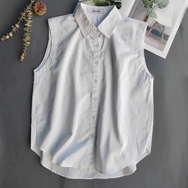 Bez rukava pamukasti top za košulju - 95% pamuk, jednobojan, ovratnik košulje, kopčanje u jednom redu, srednje duljine 65–80 cm, kardigan-stil za elegantan dnevni outfit