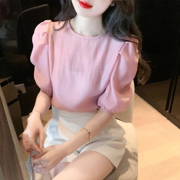 Ženska bluza s naduvanim rukavima i okruglim izrezom, ležeran kroj, poliester-spandex smjesa, 3D ukras