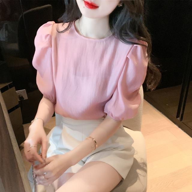 Ženska bluza s naduvanim rukavima i okruglim izrezom, ležeran kroj, poliester-spandex smjesa, 3D ukras