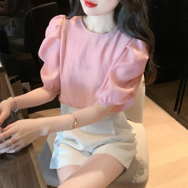 Ženska bluza s naduvanim rukavima i okruglim izrezom, ležeran kroj, poliester-spandex smjesa, 3D ukras