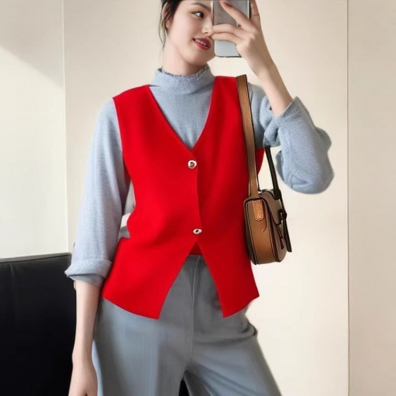 Ženski pleteni bezrukavni top-vest s okruglim izrezom, 3D uzorak, zatvaranje na gumbe, francuski stil, kratka linija, proljeće 2025