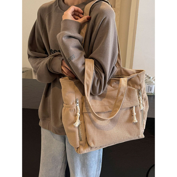 Corduroy Tote Bag с цип, вътрешни джобове за цип и телефон, двойни презрамки - Есен 2024