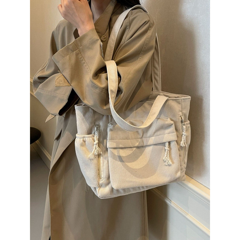 Corduroy Tote Bag с цип, вътрешни джобове за цип и телефон, двойни презрамки - Есен 2024