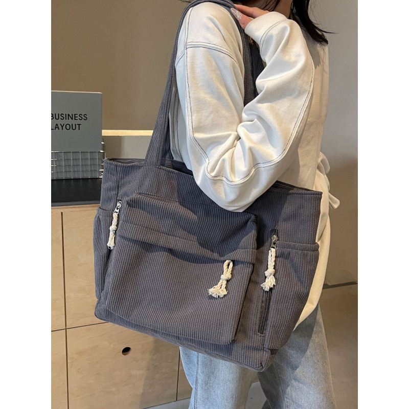 Corduroy Tote Bag с цип, вътрешни джобове за цип и телефон, двойни презрамки - Есен 2024