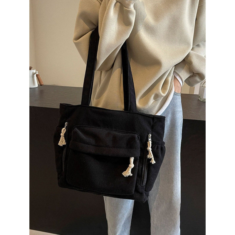 Corduroy Tote Bag с цип, вътрешни джобове за цип и телефон, двойни презрамки - Есен 2024