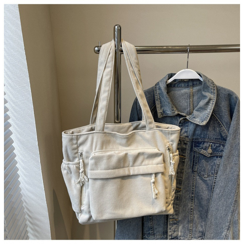 Corduroy Tote Bag с цип, вътрешни джобове за цип и телефон, двойни презрамки - Есен 2024