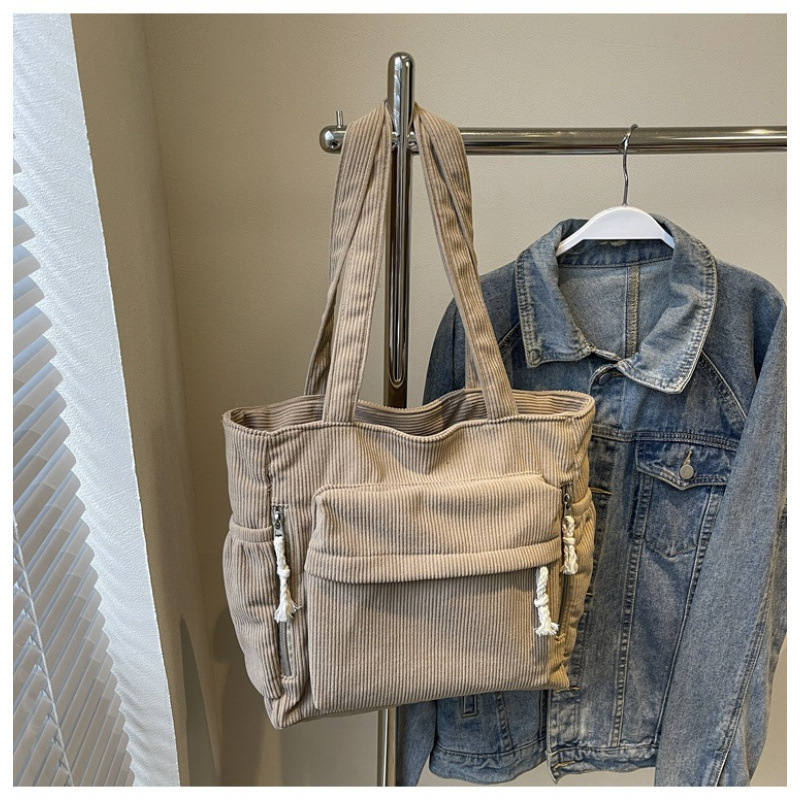 Corduroy Tote Bag с цип, вътрешни джобове за цип и телефон, двойни презрамки - Есен 2024