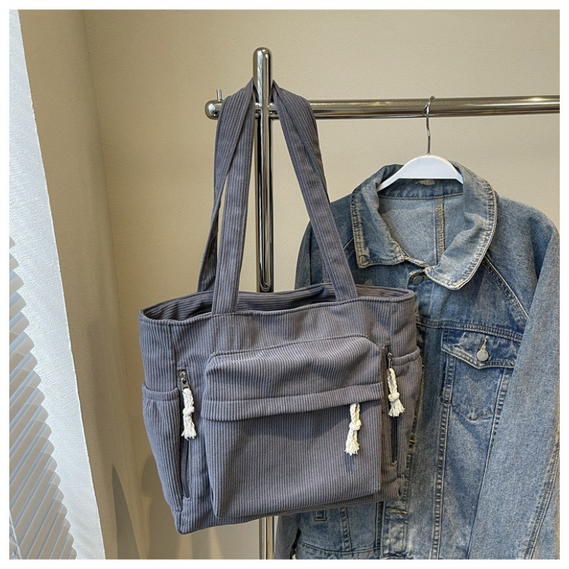 Corduroy Tote Bag с цип, вътрешни джобове за цип и телефон, двойни презрамки - Есен 2024
