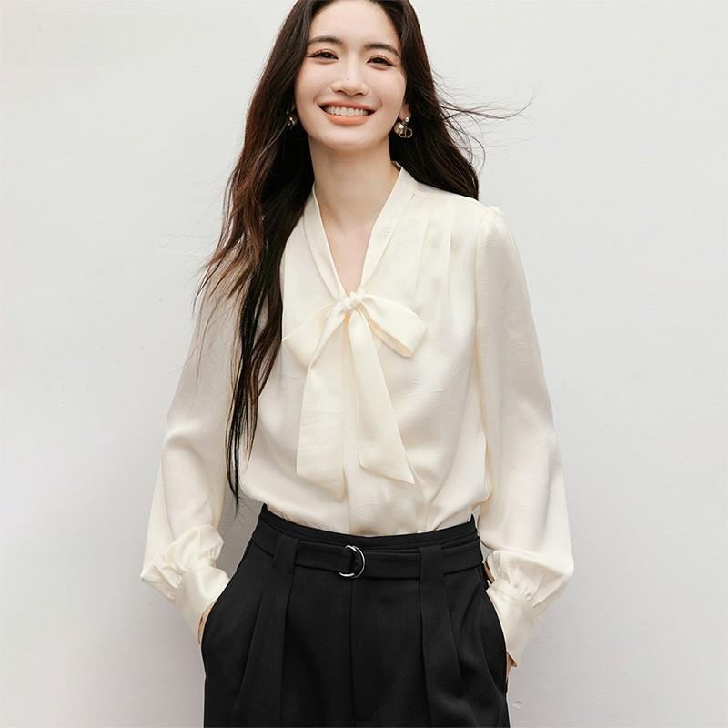 Chiffon bluza s V ovratnikom, puffos rukavi, dugi rukavi, jednobojna, opušten kroj (pamuk-elastin)
