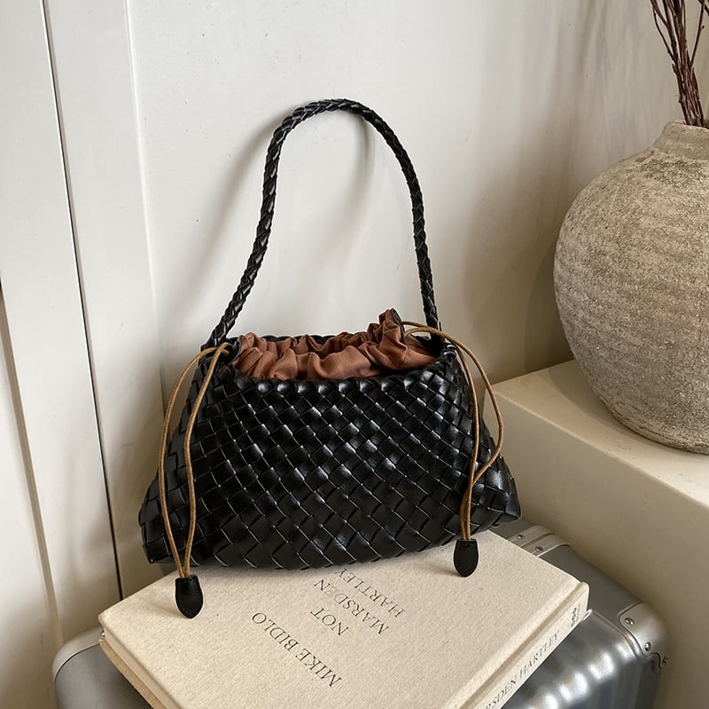 Ръчно плетена PU подмишникова чанта за жени — отворен горен край, скрит джоб с цип, PU подплата, хоризонтална квадратна форма, единична презрамка, Tonghao Leather Goods