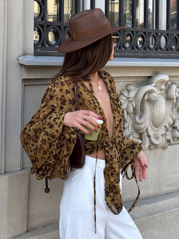 Cardigan od šifona s leopard uzorkom, V-izrez, rukavi fenjera, poliester tkanina