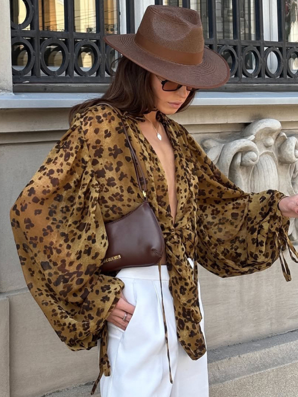 Cardigan od šifona s leopard uzorkom, V-izrez, rukavi fenjera, poliester tkanina