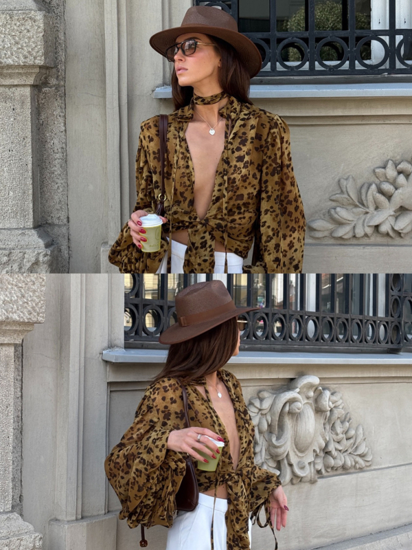 Cardigan od šifona s leopard uzorkom, V-izrez, rukavi fenjera, poliester tkanina