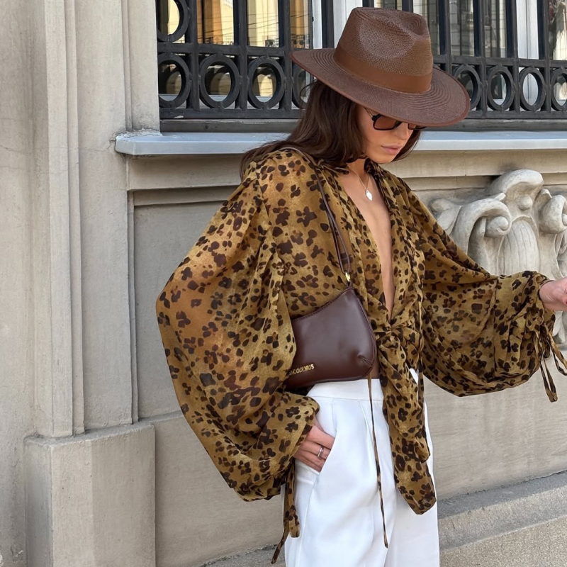 Cardigan od šifona s leopard uzorkom, V-izrez, rukavi fenjera, poliester tkanina
