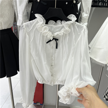 Šifon bluza s mašnicom, stojeći ovratnik, dugi rukavi s petalnim krojem, široka silueta