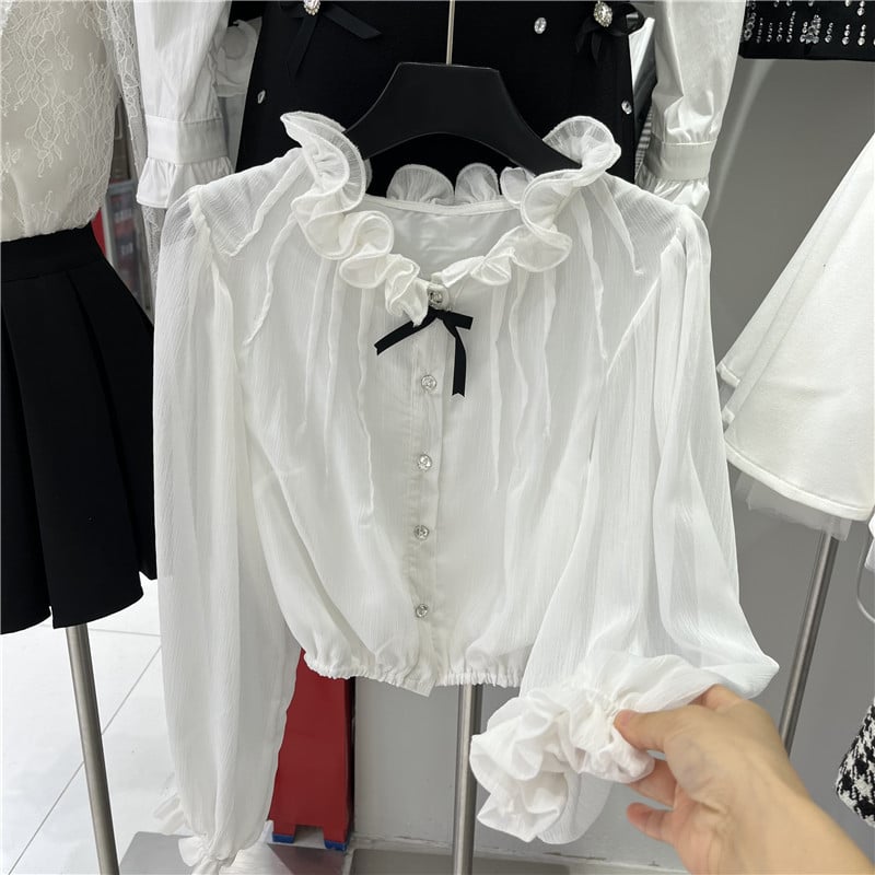 Šifon bluza s mašnicom, stojeći ovratnik, dugi rukavi s petalnim krojem, široka silueta