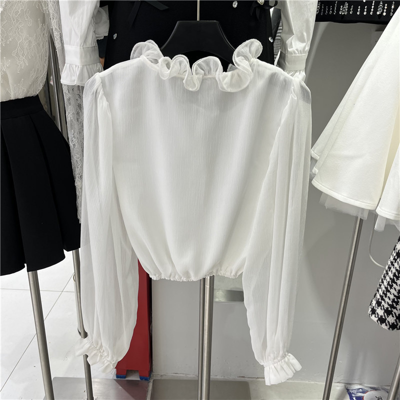 Šifon bluza s mašnicom, stojeći ovratnik, dugi rukavi s petalnim krojem, široka silueta