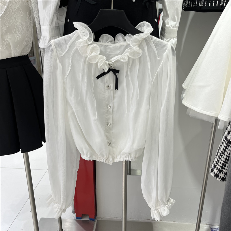Šifon bluza s mašnicom, stojeći ovratnik, dugi rukavi s petalnim krojem, široka silueta