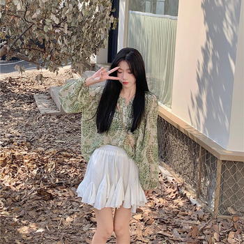 Ženska košulja od šifona s elastanom, cvjetni uzorak, lampasti rukavi, V-izrez, udoban kroj