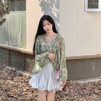 Ženska košulja od šifona s elastanom, cvjetni uzorak, lampasti rukavi, V-izrez, udoban kroj